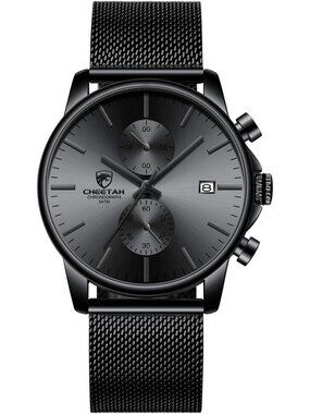 Men's Black Quartz Analog Mesh Strap Stainless Steel Chronograph Round Watch